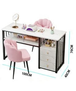 Manicure Table with 3 Drawers, Professional Nail Desk Workstation for Salon/Home Spa Beauty, Small Marble Look Desk with Drawers and Open Shelves for Home Office Manicure, White, YN128