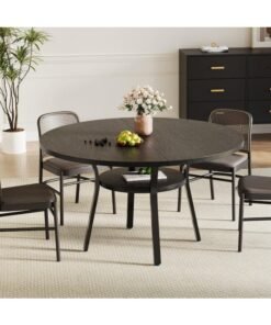 Round Dining Table for 4-6, 120cm Kitchen Table with Sturdy Metal Frame, Space Saving Circle Dining Room Table for Small Space (Table Only), Black
