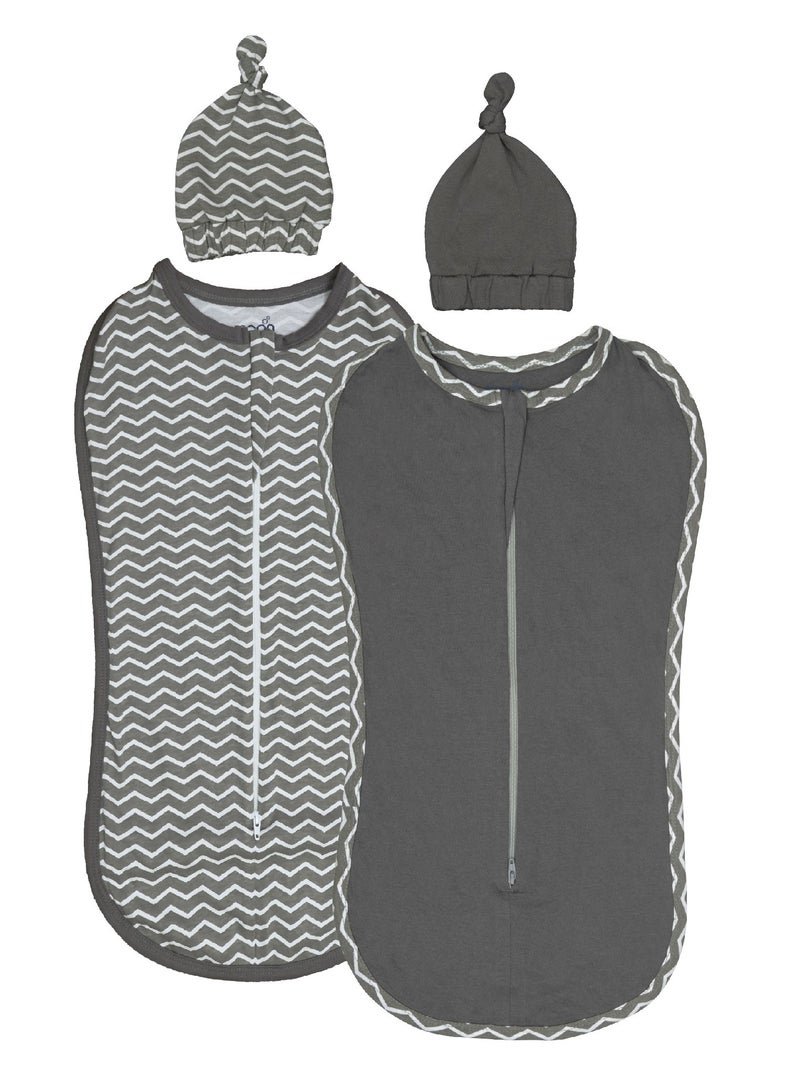 Moon Swaddle Pods With Beanie Pack Of 2 Front Two Way Zippered 0-2M Grey And Stripes Print