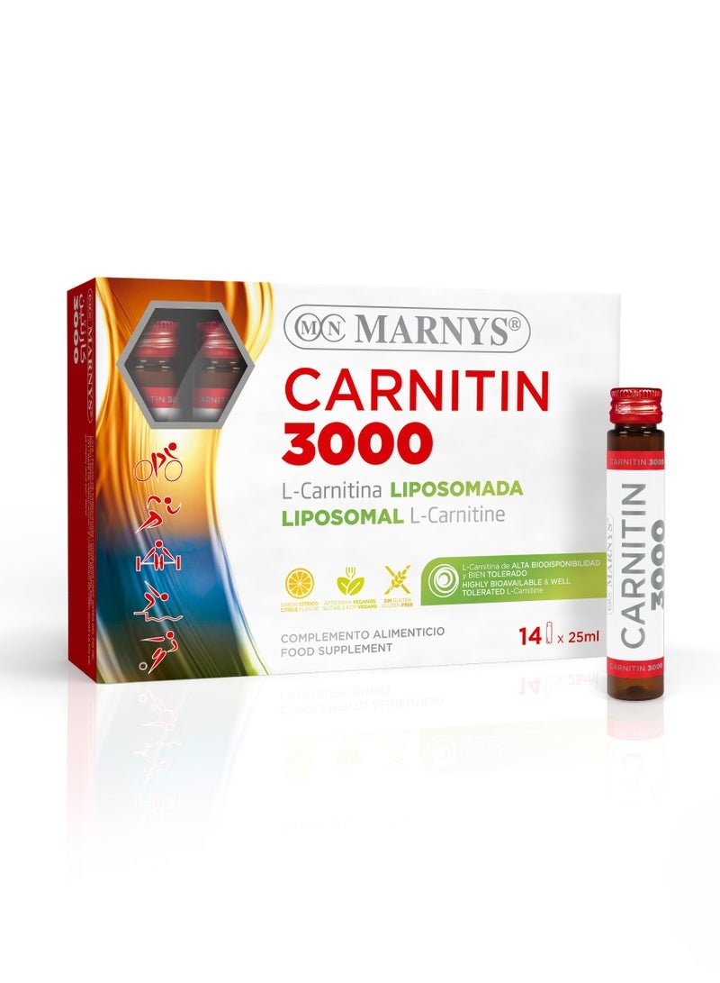 Marnys Carnitin 3000 mg - Fat Burner - Weight Loss Support - Muscle Recovery - Boosts Physical Performance & Metabolism - Enhanced Absorption - liposomal liquid Prolonged Effect -14 Drinkable Vials