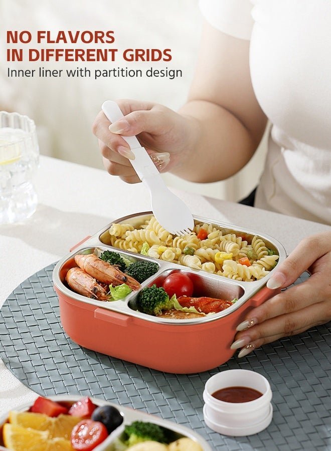 Soft Touch Stainless Steel Baby Lunch Box, Toddler Bento Box with Handle, Baby Food Container with Lid, Kids Snack Box with Sauce Cup and Spoon for School Travel Home (Red) - Image 3