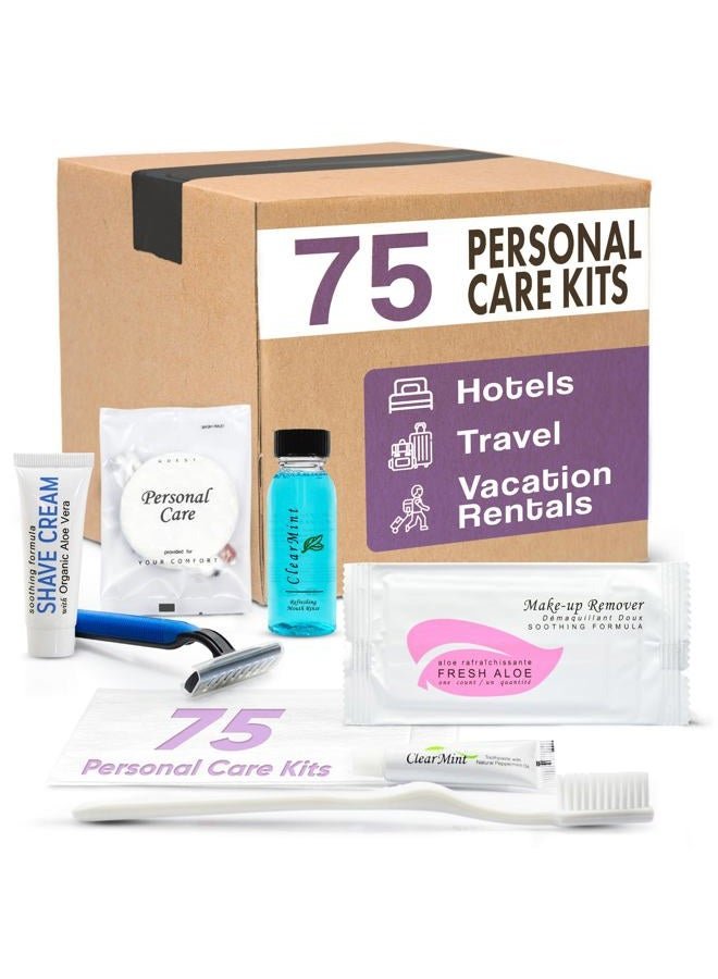 Terra Pure Personal Care Travel Toiletries | 1-Shoppe Amenities Kit | Travel Shaving Set, Toothbrush & Paste, Mouthwash, Makeup Wipes, Swabs, Nail File & Sewing Kit | 75 Pieces