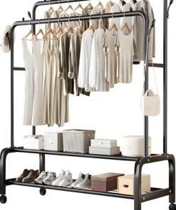 LIVVY Heavy Duty Rolling Garment Rack – Double Rail Clothes Organizer with Storage Shelves, Lockable Wheels & Strong Metal Frame – Portable Closet for Home or Office (Black)