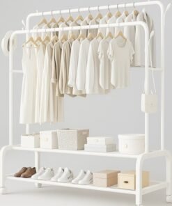 LIVVY Heavy Duty Rolling Garment Rack – Double Rail Clothes Organizer with Storage Shelves, Lockable Wheels & Strong Metal Frame – Portable Closet for Home or Office (White)