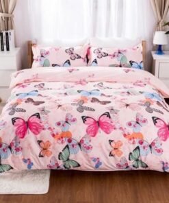 LUNA Home Single size 4-piece duvet cover set featuring a charming pink butterfly design.