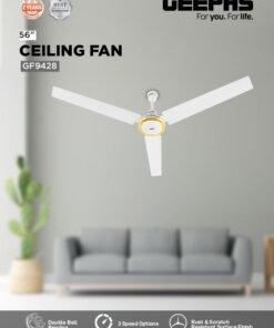 GEEPAS 56"Ceiling Fan | Double ball bearing | 3Speed | 3 Blade with Strong Air Breeze | Indoor Ceiling Fan with 290 RPM & Scratch Resistance Durable Body | Ideal for Living Room, Bed Room, and office 75 W GF9428 White