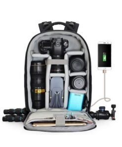 Caden Camera Backpack Professional DSLR Bag with USB Charging Port Rain Cover Photography Laptop Backpack for Women Men Waterproof Camera Case Compatible for Sony Canon Nikon Lens Tripod Accessories