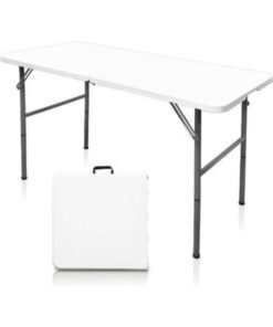 A versatile, foldable table designed for heavy-duty use; perfect as a picnic table, dining table, or for indoor and outdoor events; lightweight and durable, with a convenient carrying handle.