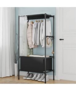 The New Modern Wardrobe, Simple And Easy-To-Assemble Dust-Proof Metal Wardrobe With Curtain, Floor-To-Ceiling Hanger, Bedroom Storage Hanger,Black