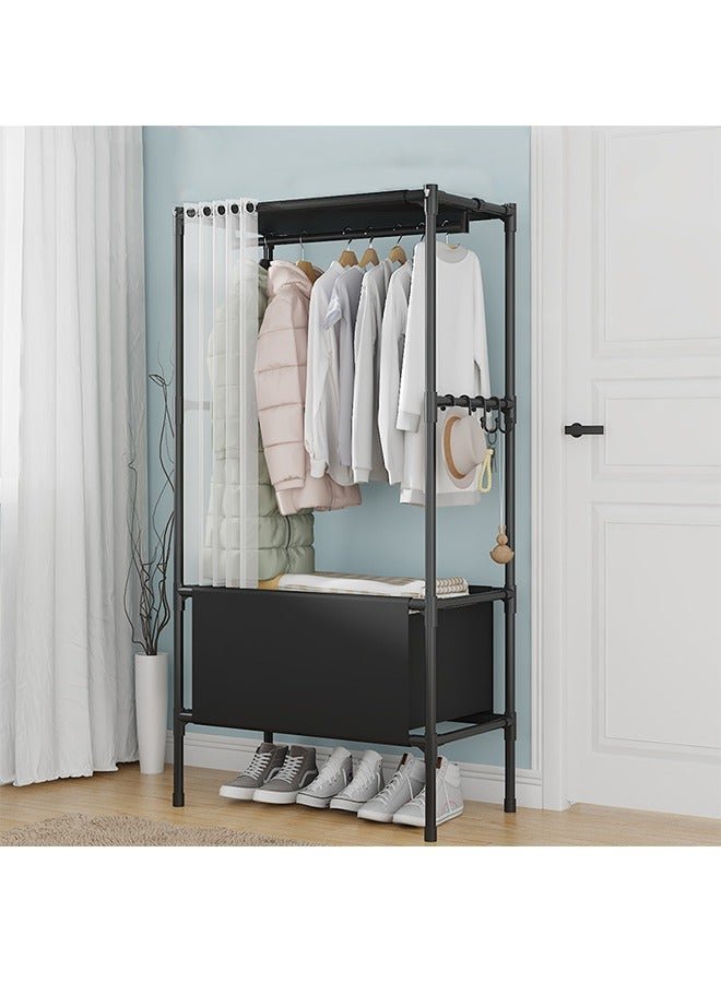 The New Modern Wardrobe, Simple And Easy-To-Assemble Dust-Proof Metal Wardrobe With Curtain, Floor-To-Ceiling Hanger, Bedroom Storage Hanger,Black