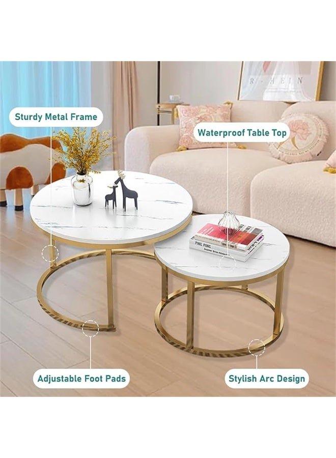 Dining Coffee Table Sets, 2 End Tables with Metal Frame and Legs, Round Sofa Tea Table Faux Marble Nesting Modern Side Desk Center Table for Home Office Living Room (White, CJ022)