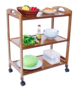 Alternative view of LINGWEI Bamboo Kitchen Wooden Serving Trolley Rolling Storage Cart with Movable Wheels Utility Wood Storage Rack Shelf Food Storage Trolley Console Table Food Cart
