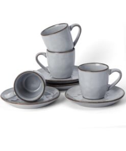Famiware Ocean 4 Piece Set Stoneware Espresso Cups with Saucers, 3.34oz Espresso Cup Set, Perfect for Espresso and Macchiato, Microwave & Dishwasher Safe, Gray