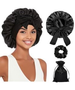 BOFAN Bonnet with Tie Band, Satin Hair Silk Bonnet for Sleeping Women, Sleep Bonnets for Women, Double Layer Sleep Cap for Curly Hair Braids（Black）