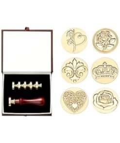 TRASSLE Wax Seal Stamp Set, 6 Vintage Sealing Wax Stamp Heads + 1 Wooden Handle for Wedding Invitations, Card Envelope Wax Stamp Set (Style 2)