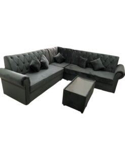 Maharat Al Bahar L Shape Velvat Sofa Set With Cushion & Table 5 Seaters  Grey-250x80x80