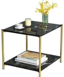 Modern Wooden Coffee Table Marble Texture Two Layers Square Living Room Sofa Side Table