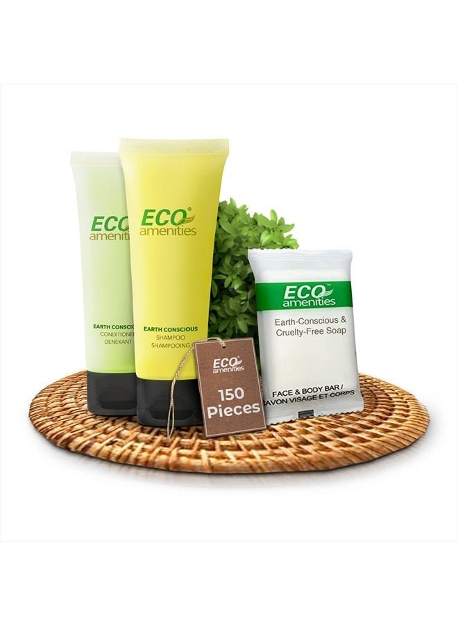 ECO Amenities 150 PIECE Soap, Shampoo & Conditioner Mini Toiletries, 3-Piece Kits in Toiletry Bags - Travel Size Shampoo and Conditioner Sets, Soap Bars (1oz each), Trial Size Toiletries Bulk Kits
