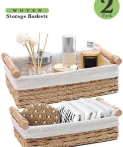 Eworld Set of 2 Rectangular Woven Storage Baskets with Washable Liners, Paper Rope Straw Rattan Baskets for Organizing with Handles, Ideal for Cosmetics, Toys, Books, and Daily Essentials