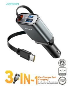 JOYROOM 3-in-1 Retractable Fast Car Charger, 45W Fast Charging (Upgraded 2025) With Long USB-C Cable, Dual Ports PD3.0/PPS,(Fast Charge 85% in 35mins only) 180° Adjustable Head For Tight Places, Ultra-Slim Compact Design, Overheat And Short Circuit Protection – For iPhone 16/15 and below, Samsung 25/24 and below, Huawei, Xiaomi And More - Certified and Safe Dark Grey