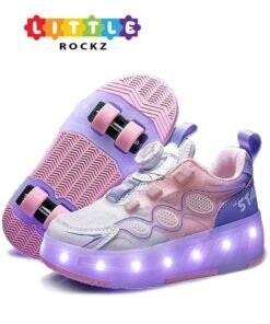 LITTLE ROCKZ Kids Four Wheel Roller Shoes Rechargeable LED Flash Light Sneaker Skate Heelys Shoes Pink