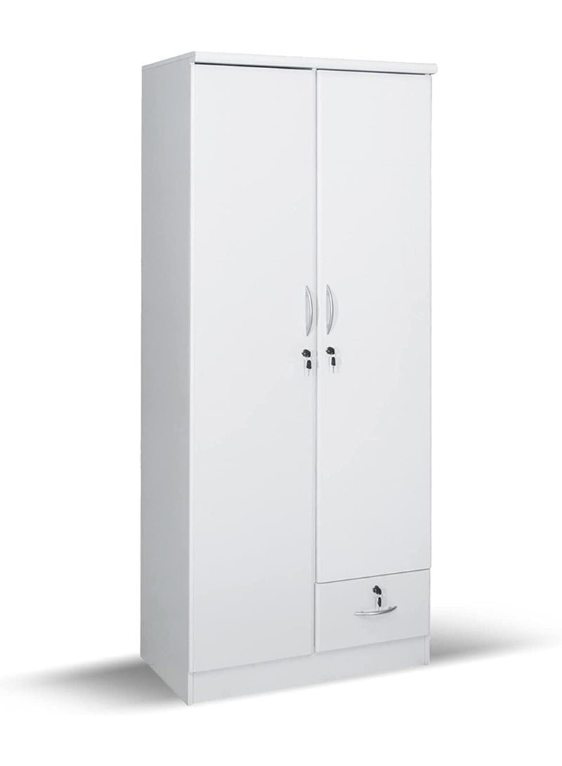 KUSTOMDECO 2 Door Wooden Wardrobe with Lock & Drawer | Modern White Wooden Almirah Closet for Bedroom, Home & Office Storage