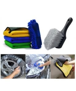 Motim 5 IN 1 Car Wash Cleaning Kit, 3 Pcs Car Cleaning Towel Microfiber Cloth with 1 Pcs Washing Sponge And 1 Pcs Car Wheel Brush/Tire Cleaning Brush for Car Interior Exterior Cleaning Set