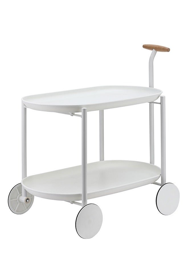 MIXDE Movable Trolley Table-2 Layers White- Multi-Tier Utility Cart with ABS Plastic Trays and Carbon Steel Frame Beech Wood Handle and Rigid Wheels for Kitchen Living Room and Dining Room Storage