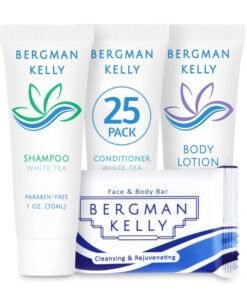 BERGMAN KELLY Hotel Toiletries Bundle White Tea 1 oz each 100 Pieces 4Piece Set 25 Rectangular Bar Soap 25 Shampoo 25 Conditioner  25 Body Lotion  Bulk Mini Guest Amenities