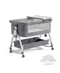 WALALLA Baby Bassinet, Bedside Bassinet for Baby, 4 in 1 Portable Bassinet Bedside Sleeper with Wheels Mosquito Net ,Mattress & Storage Basket,Baby Crib with Changing Station, 6 Height Adjustable Rocking Bassinet for Newborn Baby (Grey White)