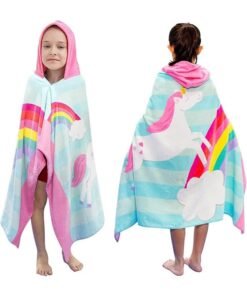 LENND Kids Hooded Bath Beach Towel,  Cotton 50"x30" Wrap, Toddlers Girls Boys 3-12 Years Coverup(Rainbow Unicorn)