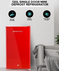 GEEPAS 120L Gross/92L Net Capacity, Single Door Mini Defrost Refrigerator With Retro Premium Design, Bottle Opener, Glass Shelves, Transparent Door Basket, Lock & Key, Low Noise, Low Voltage, Adjustable Front Wheel GRF1202RXE Red