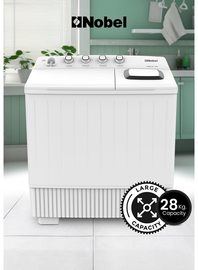 Nobel 28kg Wash / 14kg Spin Capacity Semi-Automatic Twin Tub Washing Machine | With 4 Control Knobs, 600W Wash & 860W Spin Power, IPX4 Rated, Water Inlet & Timed Cycles – NWM3100 White 28 L 860 W NWM3100 White