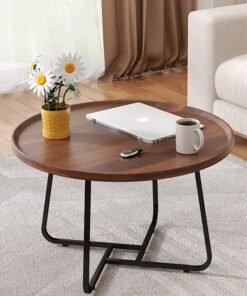 Arabest Round Coffee Table,, Mid Century Modern Coffee Table with Wood Grain Veneer, Fluted Round Tea Table and End Table Set, Minimalist Center Tables for Living Room, Office, Walnut