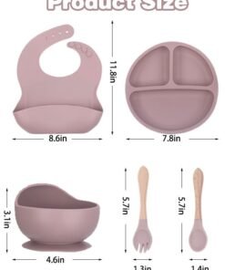Sharpdo 5-Pieces Silicone Baby Feeding Set, Baby Led Weaning Supplies with Suction Bowl and Divided Plate, Wooden Spoon and Fork, Toddler Tableware Set with Adjustable Soft Silicone Bib