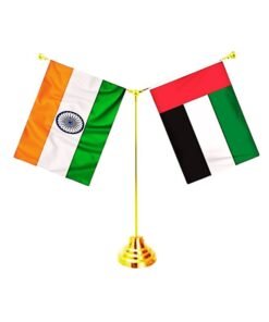 X-PRO5 Unique Flag United Arab Emirates UAE & INDIA Flags Shining and Bright with Y-Shape Classy Brass Base Table Stand
