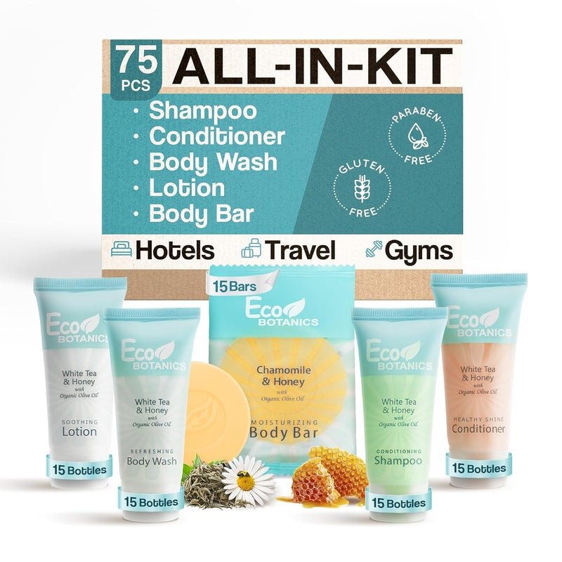 Terra Pure Eco Botanics Hotel Soaps and Toiletries Bulk Set 1Shoppe AllInKit Amenities 085oz Shampoo Conditioner Body Wash Body Lotion 089oz Bar Soap Travel Size 75 Pieces