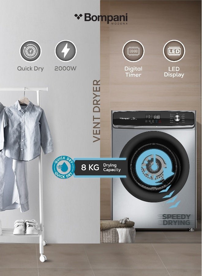 Bompani 8kg Vented Front Load Dryer with 12 Drying Programs – LED Display, Anti-Crease, Low Temp Drying, Child Lock 8 L 2000 W BO5290UKBI7200S Grey