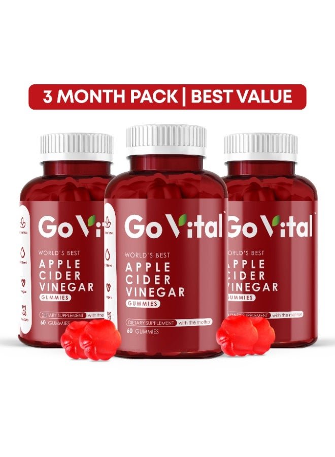 GO VITAL Apple Cider Vinegar Gummies – Original USA Formula | Pack of 3 (180 Vegan Gummies) for Fat Burning & Metabolism Support with Vitamin B12 & Folic Acid