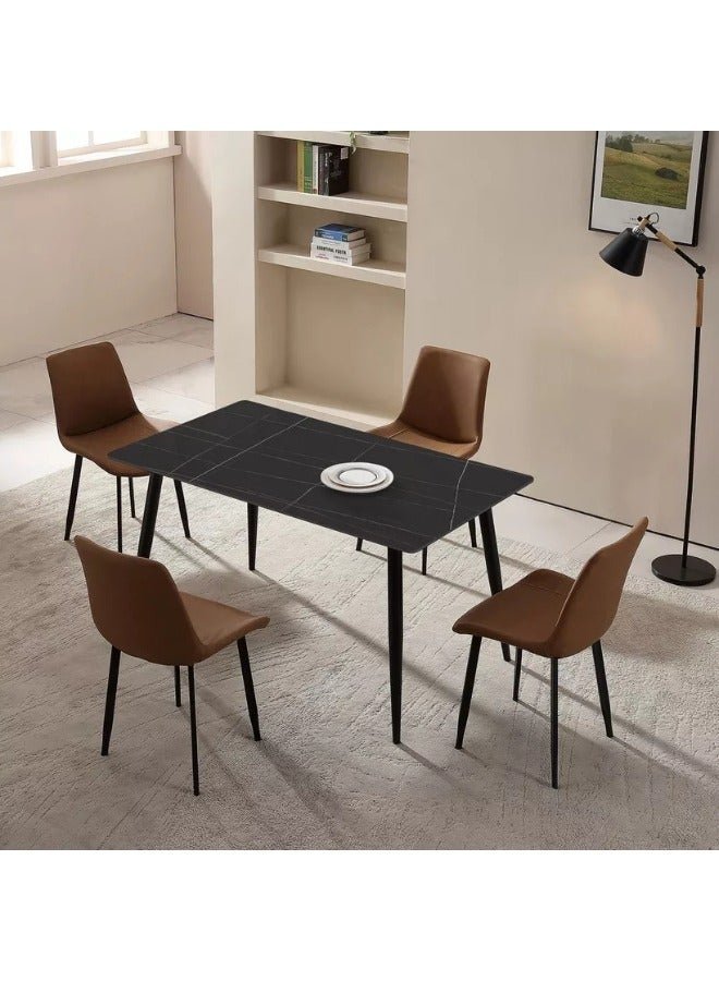 ALWASIT HOME Dining Table Set 4 Seater with Black Rectangular Marble Top Finish and Steel Legs, Brown PVC Leather Dining Chairs, Modern Dining Table Set for Dining Room and Living Space