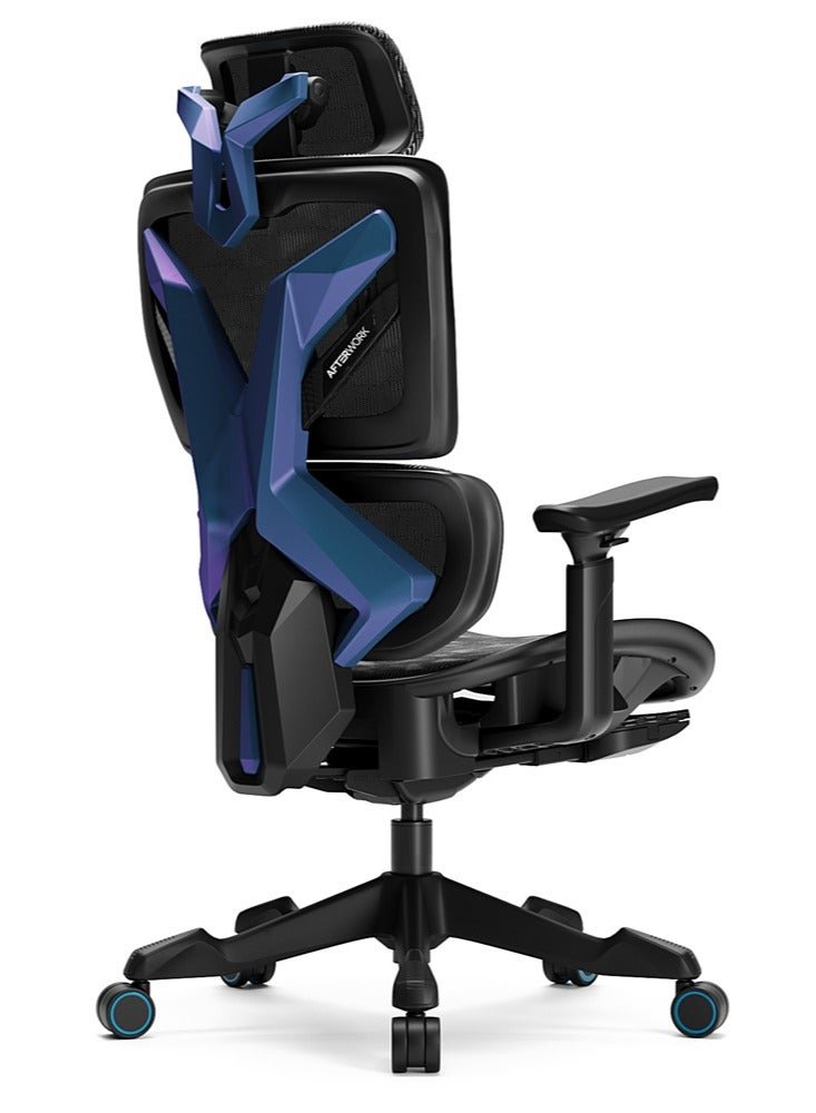 AFTERWORK Xyrion Super Ergonomic Gaming Chair with Footrest - 3D Adjustable Headrest, Adaptive Backrest, 4-Position Tilt Lock, Breathable Mesh, and Silent Castors - Black & Blue