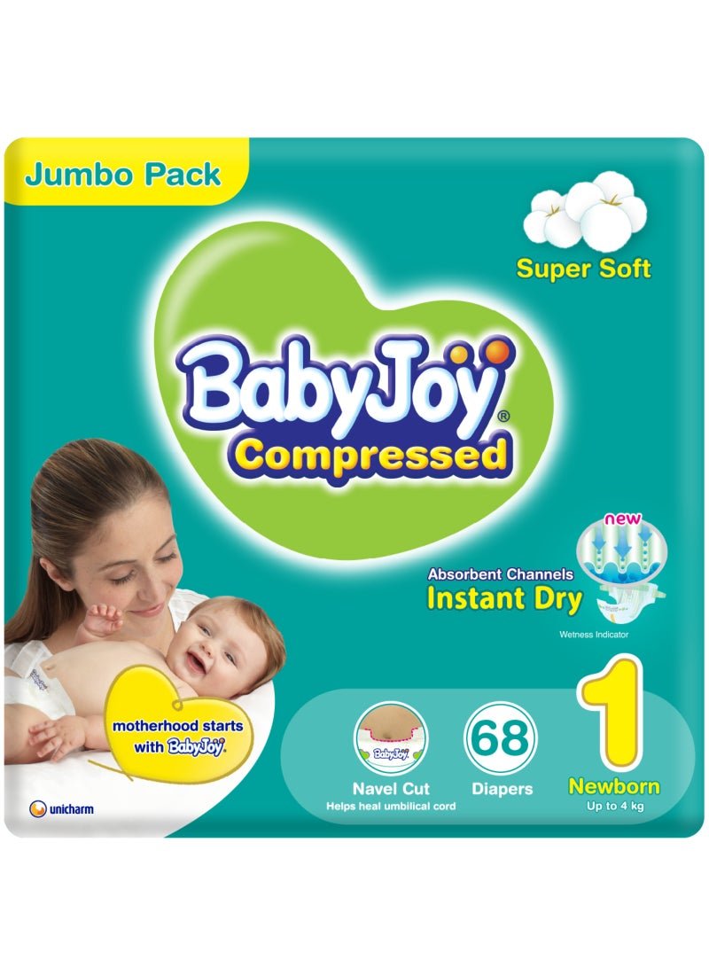 BabyJoy 2X Compressed Diamond Pad Diaper, Size 1, Newborn, 0-4 Kg, Jumbo Pack, 68 Diapers