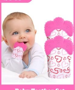 Beauenty 2 Pack Teething Mittens for Baby, Baby Teething Set, Teething Glove, Infant Soothing Pain Relief Mitt Baby Teether Mits for Baby（Rose Red）