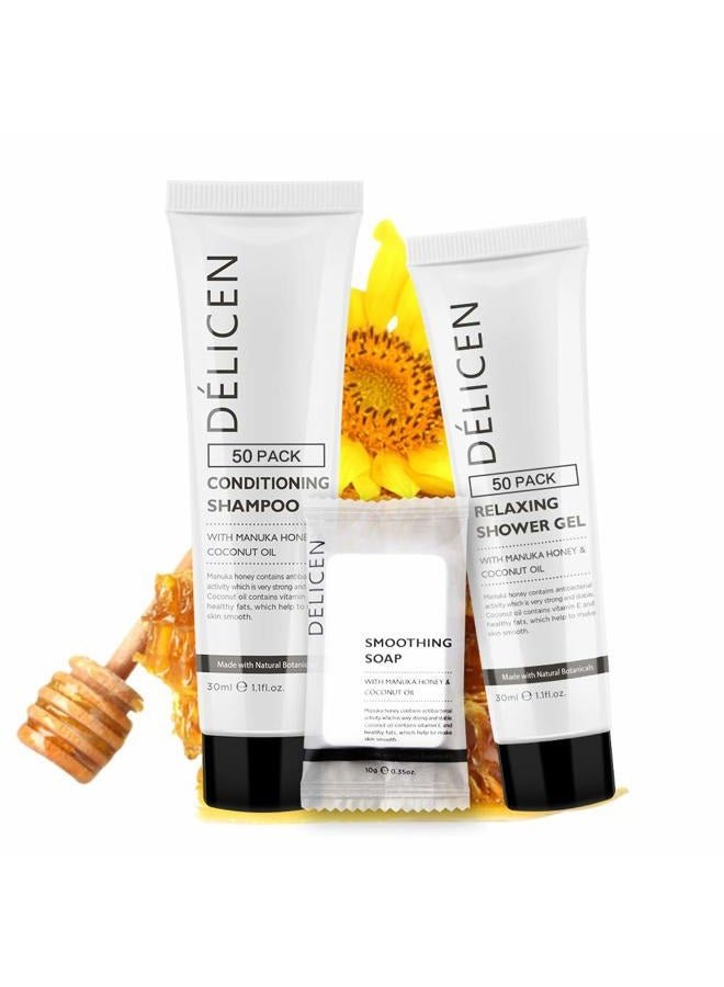 OPPEAL.HOSMALL OPPEAL Delicen Manuka Honey Hotel Amenities | Rectangular Soap Bars, Conditioning Shampoo, Body wash 3-Piece Set | Clementine Scent | 150 Pcs Total