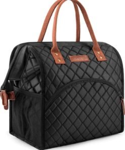 LOKASS Lunch Bag Insulated Lunch Box Wide-Open Lunch Tote Bag Large Drinks Holder Durable Nylon Thermal Snacks Organizer for Women Men Adults Work Picnic Hiking Beach Fishing,Black-Square