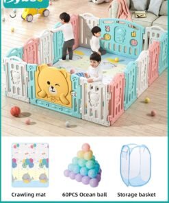 Bybeo Baby Playpen, Foldable Babies Playards for Toddlers with Gate and Game Board, Safety Infant Activity Center, Sturdy Play Area, Macaron Colors and Patterns, Perfect Child's Gift,16 Panel