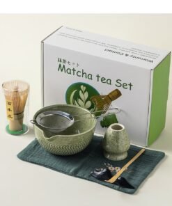 KINGMAZI Matcha Set -Matcha Whisk and Bowl Set, 7pcs Matcha Kit Tea Set include Bamboo Whisk, Matcha Bowl, Scoop & Whisk with Holder, Sifter, Towel for Matcha Making Starter Kit Gift (Green)