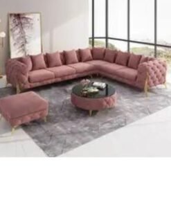 Maharat Al Bahar Elegant Velvet L-Shape Chesterfield Sofa Set 6 Seater with Golden Legs for Pink
