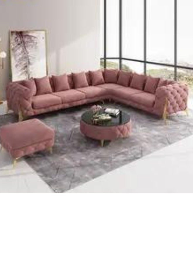 Maharat Al Bahar Elegant Velvet L-Shape Chesterfield Sofa Set 6 Seater with Golden Legs for Pink