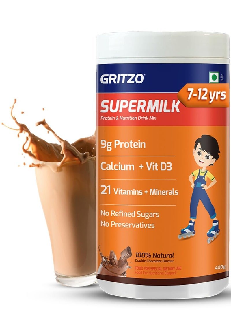 gritzo Supermilk Daily Nutrition Powder 8-12Y Young Athlete Double Chocolate 400G 9G Protein With Zero Refined Sugar